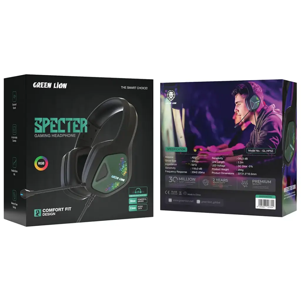 GREEN LION SPECTER GAMING HEADPHONE, 50 MM Powerful Driver, 3.5 MM Audio Jack - Black